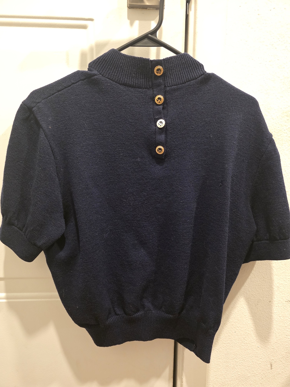 St. John Basics by Marie Gray Navy Mock Neck Knit Sweater Gold Logo Buttons